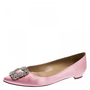 Pre Owned Manolo Blahnik Light Pink Satin Hangisi Ballet Flats Size 39