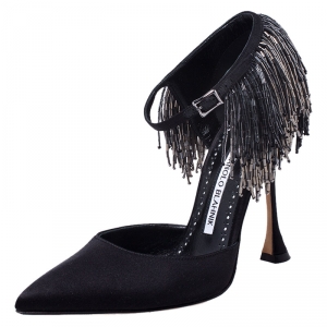 Pre Owned Manolo Blahnik Black Satin Fringe Frangia Pumps Size 36