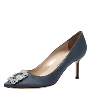 Pre Owned  Manolo Blahnik Grey Satin Hangisi Jewel Pumps Size 38.5