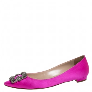 Pre Owned Manolo Blahnik Magenta Satin Hangisi Ballet Flats Size 39