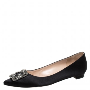 Pre Owned Manolo Blahnik Black Satin Hangisi Ballet Flats Size 40