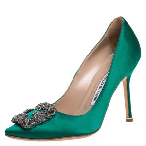 Pre Owned Manolo Blahnik Green Satin Hangisi Crystal Embellished Pumps Size 36