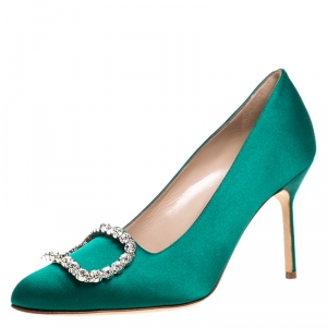 Pre Owned Manolo Blahnik Green Crystal Embellished Satin Olek Pumps Size 37