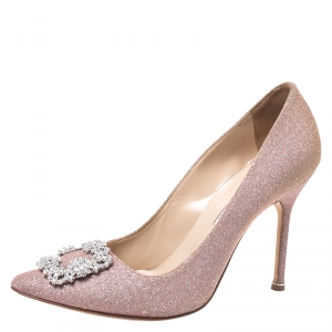 Pre Owned Manolo Blahnik Pink Glitter Fabric Hangisi Crystal Embellished Pumps Size 41