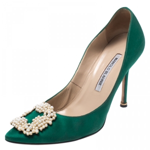 Pre Owned Manolo Blahnik Green Satin Hangisi Embellished Pointed Toe Pumps Size 38.5
