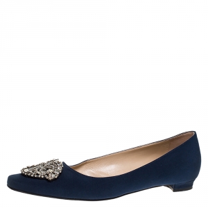 Pre Owned Manolo Blahnik Blue Satin Okkato Crystal Embellished Ballet Flats Size 39