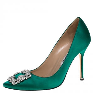 Pre Owned Manolo Blahnik Emerald Green Satin Hangisi Embellished Pointed Toe Pumps Size 38