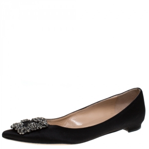 Pre Owned Manolo Blahnik Black Satin Hangisi Crystal Embellished Ballet Flats Size 37.5