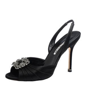 Pre Owned Manolo Blahnik Black Satin Cassia Peep Toe Slingback Sandals Size 36