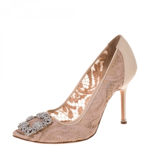 Pre Owned Manolo Blahnik Beige Satin And Lace Hangisi Crystal Embellished Pointed Toe Pumps Size 38