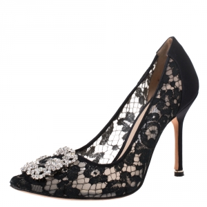 Pre Owned Manolo Blahnik Black Lace and Satin Hangisi Pointed Toe Pumps Size 38