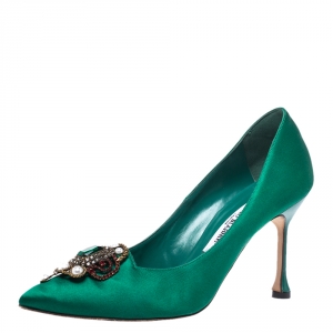 Pre Owned Manolo Blahnik Green Satin Eufrasia Pointed Toe Pumps Size 36.5