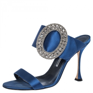 Pre Owned Manolo Blahnik Blue Satin Fibiona Crystal Embellished Mules Size 40