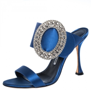 Pre Owned Manolo Blahnik Blue Satin Fibiona Crystal Embellished Mules Size 38