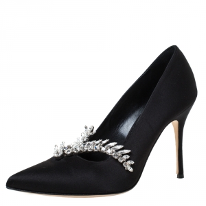 Pre Owned Manolo Blahnik Black Satin Jewel Embellished Shufti Pumps Size 37