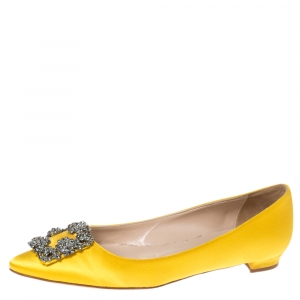 Pre Owned Manolo Blahnik Yellow Satin Hangisi Crystal Embellished Flats Size 38.5 