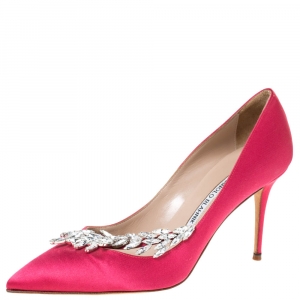 Pre Owned Manolo Blahnik Pink Satin Jewel Embellished Nadira Pumps Size 38.5