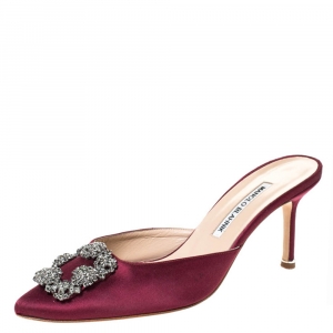 Pre Owned Manolo Blahnik Red Satin Hangisi Pointed Toe Mules Size 38