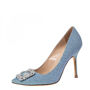 Pre Owned Manolo Blahnik Blue Holographic Glitter Fabric Hangisi Crystal Embellished Pumps Size 37.5