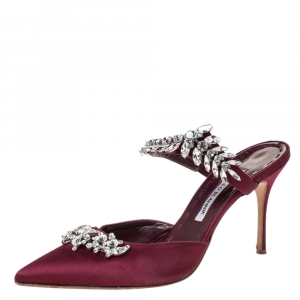 Pre Owned Manolo Blahnik Burgundy Satin Lurum Crystal Embellished Pointed Toe Sandals Size 40
