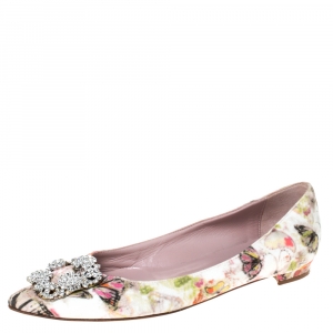 Pre Owned Manolo Blahnik White Butterfly Print Satin Hangisi Crystal Embellished Ballet Flats Size 37.5
