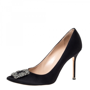 Pre Owned Manolo Blahnik Black Satin Hangisi Crystal Embellished Pumps Size 42