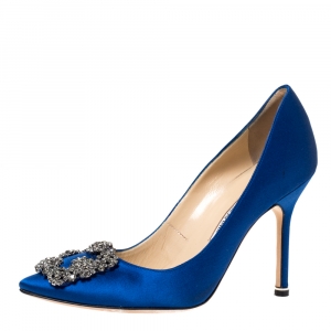 Pre Owned Manolo Blahnik Blue Satin Hangisi Crystal Embellished Pumps Size 36