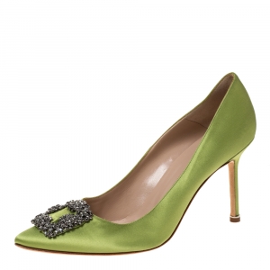 Pre Owned Manolo Blahnik Lime Green Satin Hangisi Pumps Size 41