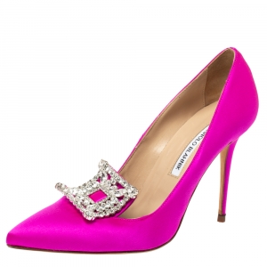 Pre Owned Manolo Blahnik Fuschia Crystal Embellished Satin Borlak Pumps Size 38