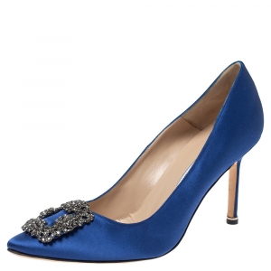 Pre Owned Manolo Blahnik Blue Satin Hangisi Embellished Pointed Toe Pumps Size 39