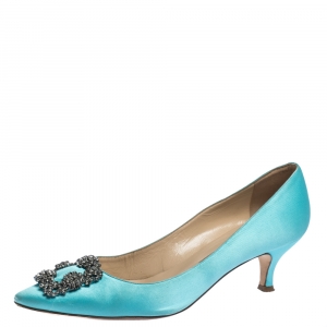 Pre Owned Manolo Blahnik Blue Satin Hangisi Crystal Embellished Pumps Size 39.5 