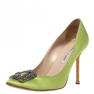 Pre Owned Manolo Blahnik Green Satin Hangisi Crystal Embellished Pumps Size 40