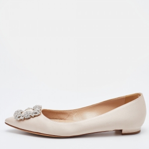 Pre Owned Manolo Blahnik Beige Satin Hangisi Crystal Embellished Ballet Flats Size 38.5