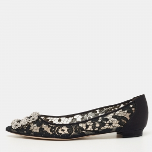 Manolo Blahnik Black Satin and Satin Hangisi Ballet Flats Size 37
