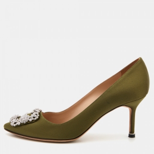 Manolo Blahnik Green Satin Hangisi Crystal Embellished Pumps Size 37.5