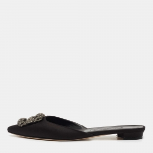 Manolo Blahnik Black Satin Hangisi Mules Size 38.5