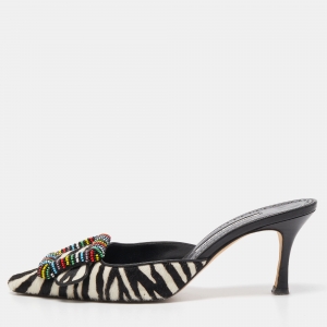 Pre Owned Manolo Blahnik Black/White Zebra Print Calf Hair Beaded Mafrisa Mules Size 37.5