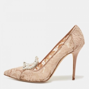 Pre Owned Manolo Blahnik Dusty Pink Satin and Lace Borlak Crystal Embellished Pumps Size 38.5