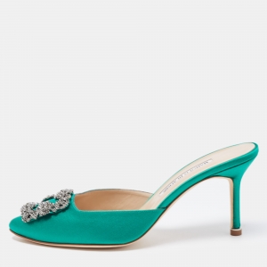 Pre Owned Manolo Blahnik Green Satin Hangisi Mules Size 37.5