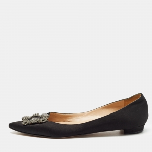 Pre Owned Manolo Blahnik Black Satin Hangisi Ballet Flats Size 39.5