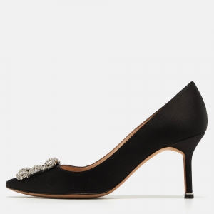 Pre Owned Manolo Blahnik Black Satin Hangisi Pumps Size 38.5