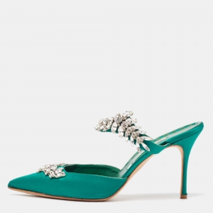 Manolo Blahnik Green Satin Crystal Embellished Lurum Mules Size 39