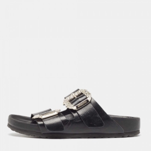 Manolo Blahnik Black Leather Crystal Embellished Buckle Flat Sandals Size 38