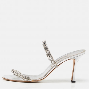 Manolo Blahnik Silver Leather Diora Slide Sandals Size 39.5