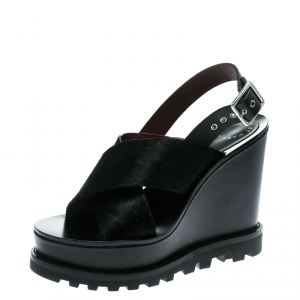 Pre Owned Marc by Marc Jacobs Black Pony Hair and Leather Irving Platform Wedge Sandals Size 38.5