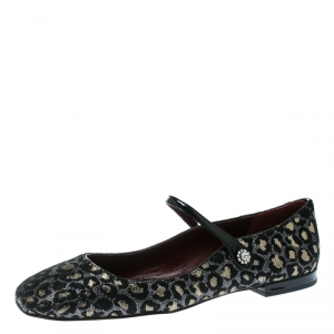 Pre Owned Marc by Marc Jacobs Black/Gold Leopard Jacquard Fabric Brooke Mary Jane Flats Size 37