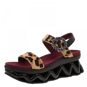 Pre Owned Marc by Marc Jacobs Beige Leopard Print Calf Hair Ninja Wave Platform Sandals Size 38