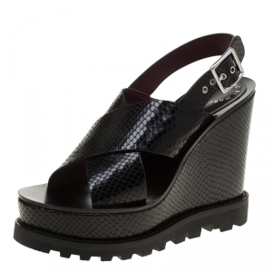 Pre Owned Marc by Marc Jacobs Black Embossed Snakeskin Leather Irving Cross Strap Wedge Sandals Size 38
