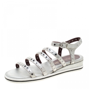 Pre Owned Marc by Marc Jacobs Metallic Silver Leather Gena Studded Ankle Strap Flat Sandals Size 36.5