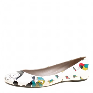 Pre Owned Marc by Marc Jacobs White Multicolor Bird Printed Leather Round Toe Ballet Flats Size 37